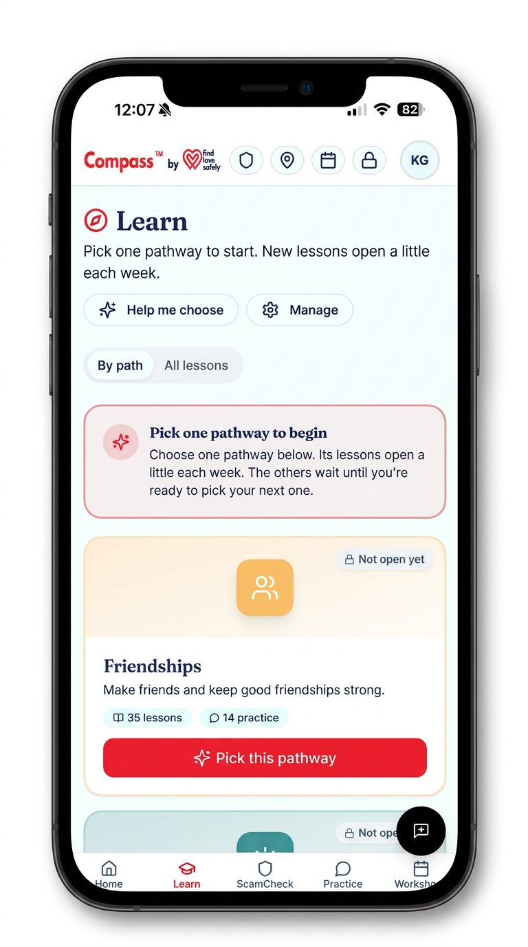 Compass app homescreen showing the Learn section with friendship and relationship skill pathways