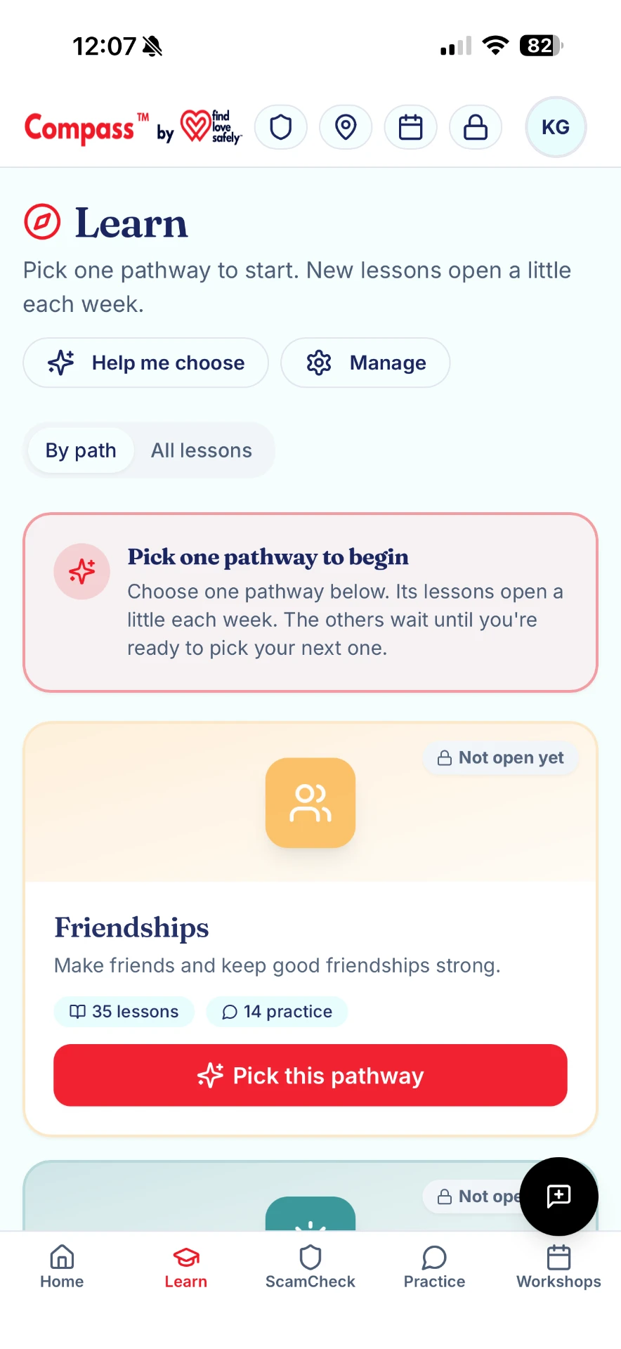 Compass app Learn and Practice pathways screen