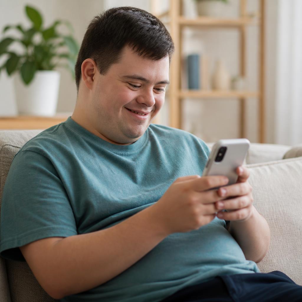 A young adult smiling while using Compass on a smartphone